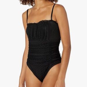BCBGMAXAZRIA Black Sleeveless Bodysuit w/Spaghetti Straps, Lace EdgeBodysuit, L